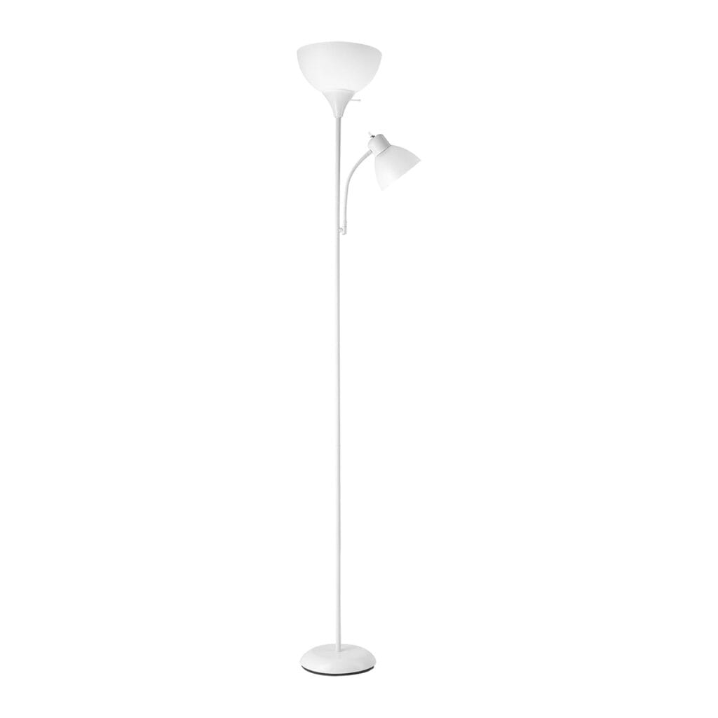 a white floor lamp with a lamp shade